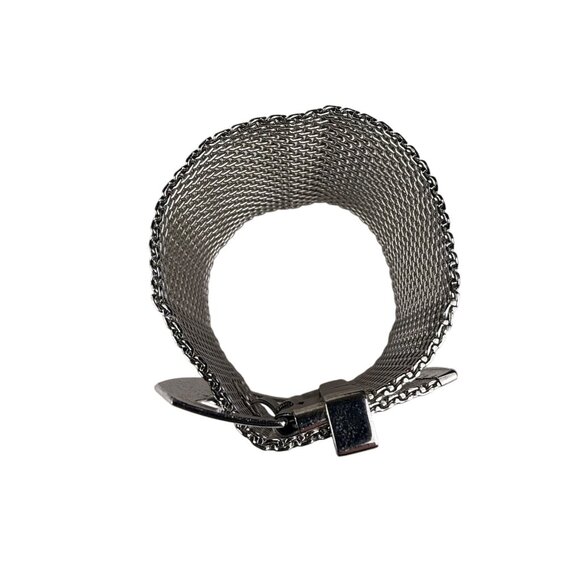 Wide Silver Tone Mesh Buckle Bracelet For Women Statement Cuff Retro Metalwork - Picture 3 of 4